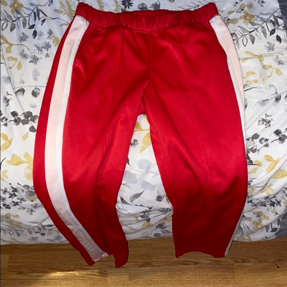 A pair of red sweat pants.